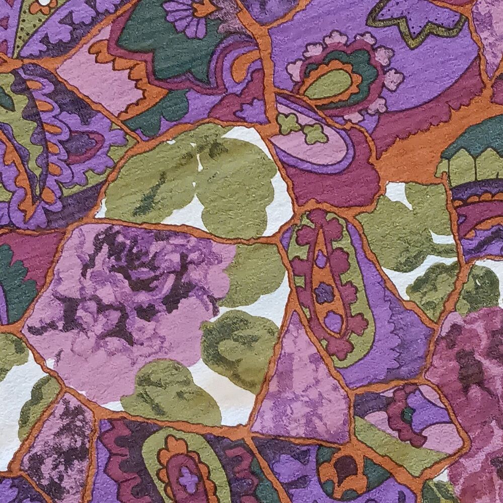 Vintage  Long Floral Paisley Scarf 67 x 11 Purple Green Pink By Carole Little
